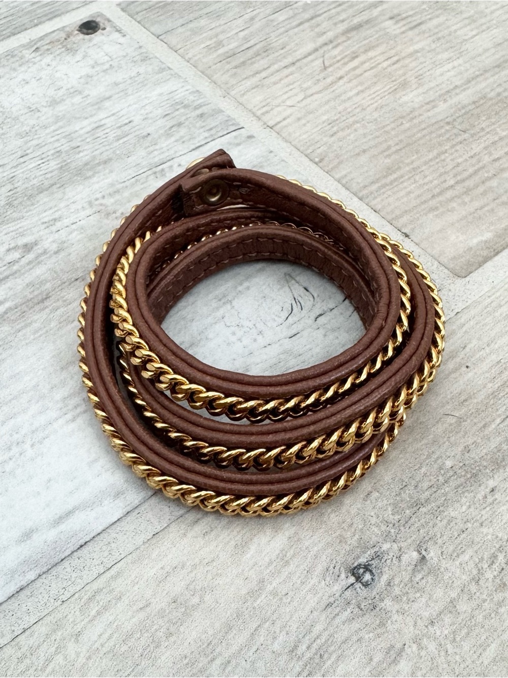 Vita Brown Leather Bracelet Gold Chain Wrap Bracelet